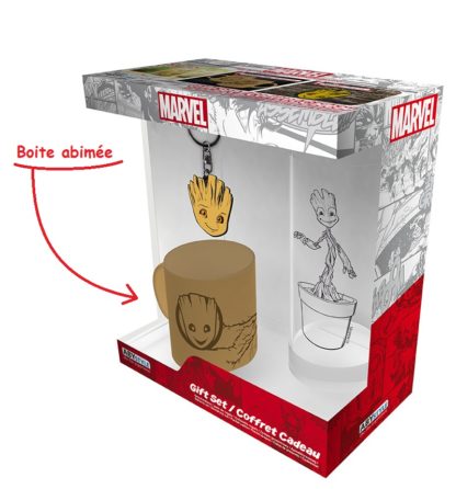 Gift Pack Marvel – Verre 29cl + Porte-clefs + Mini Mug « Groot » – Boite Abimée – prix special