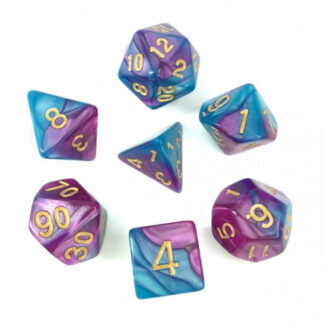Set de dés – Fusion bleu & violet clair (avec boîte) – 3 cm